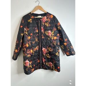 Patty Kim Gros Grain Trim Ruffle Lightweight Puffer Jacket XL Black Floral Artsy